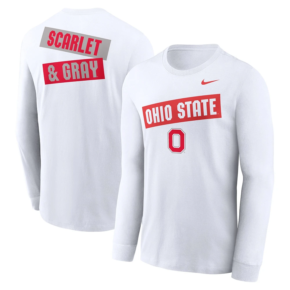 T-shirt Nike blanc à manches longues pour homme Ohio State Buckeyes, motif classique deux coups