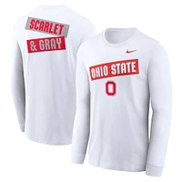 T-shirt Nike blanc à manches longues pour homme Ohio State Buckeyes, motif classique deux coups