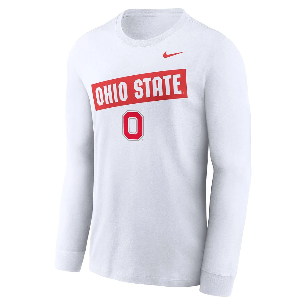 T-shirt Nike blanc à manches longues pour homme Ohio State Buckeyes, motif classique deux coups