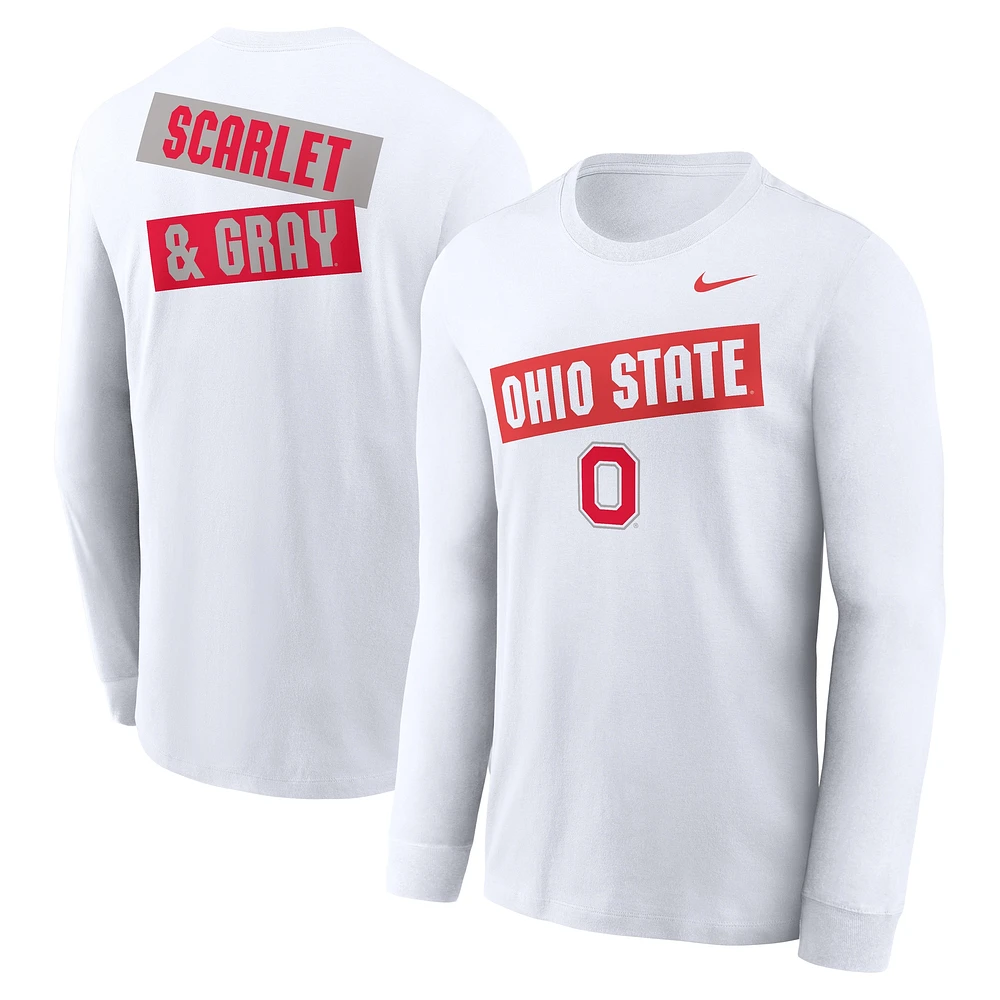 T-shirt Nike blanc à manches longues pour homme Ohio State Buckeyes, motif classique deux coups