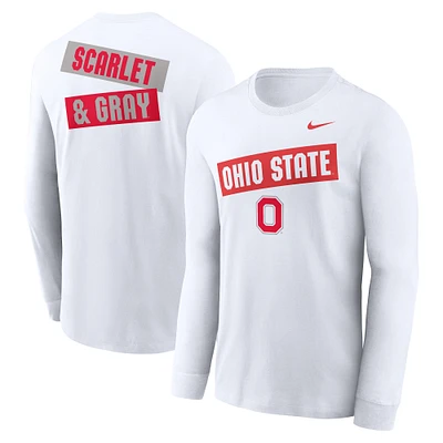 T-shirt Nike blanc à manches longues pour homme Ohio State Buckeyes, motif classique deux coups