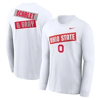 T-shirt Nike blanc à manches longues pour homme Ohio State Buckeyes, motif classique deux coups