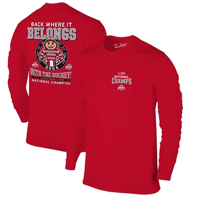 Men's  Scarlet Ohio State Buckeyes College Football Playoff 2024 National Champions Mascot Long Sleeve T-Shirt