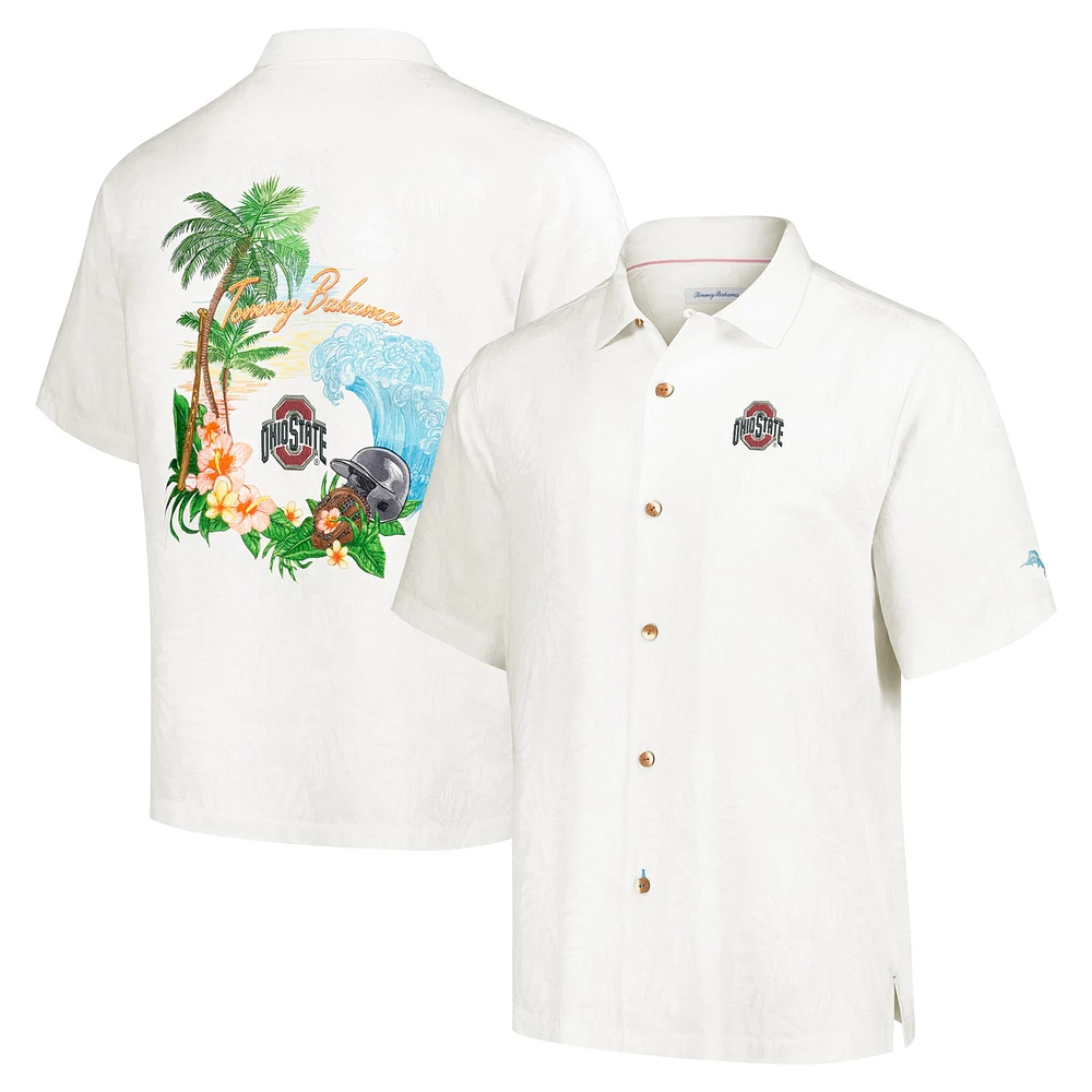 Chemise boutonnée crème Tommy Bahama pour hommes Ohio State Buckeyes Castaway Game Camp