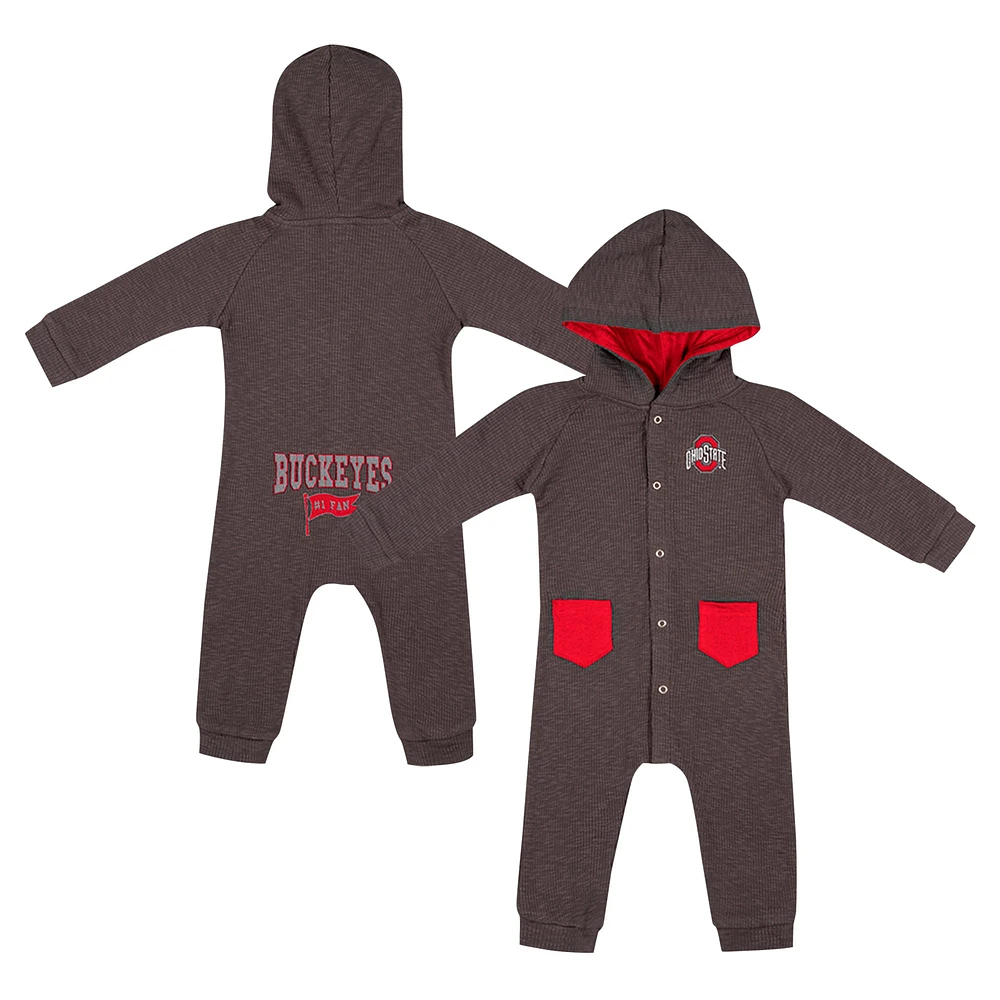 Newborn & Infant Colosseum Charcoal Ohio State Buckeyes Zando-Zan Waffle Full-Snap Hooded Romper