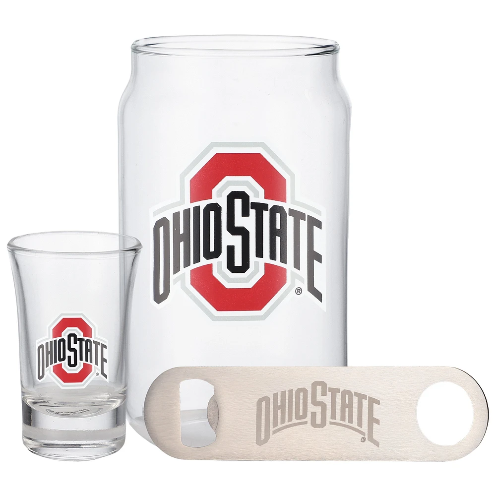 Lot de trois verres à bière Ohio State Buckeyes de The Memory Company, 2 oz. Ensemble de verres à liqueur et décapsuleur