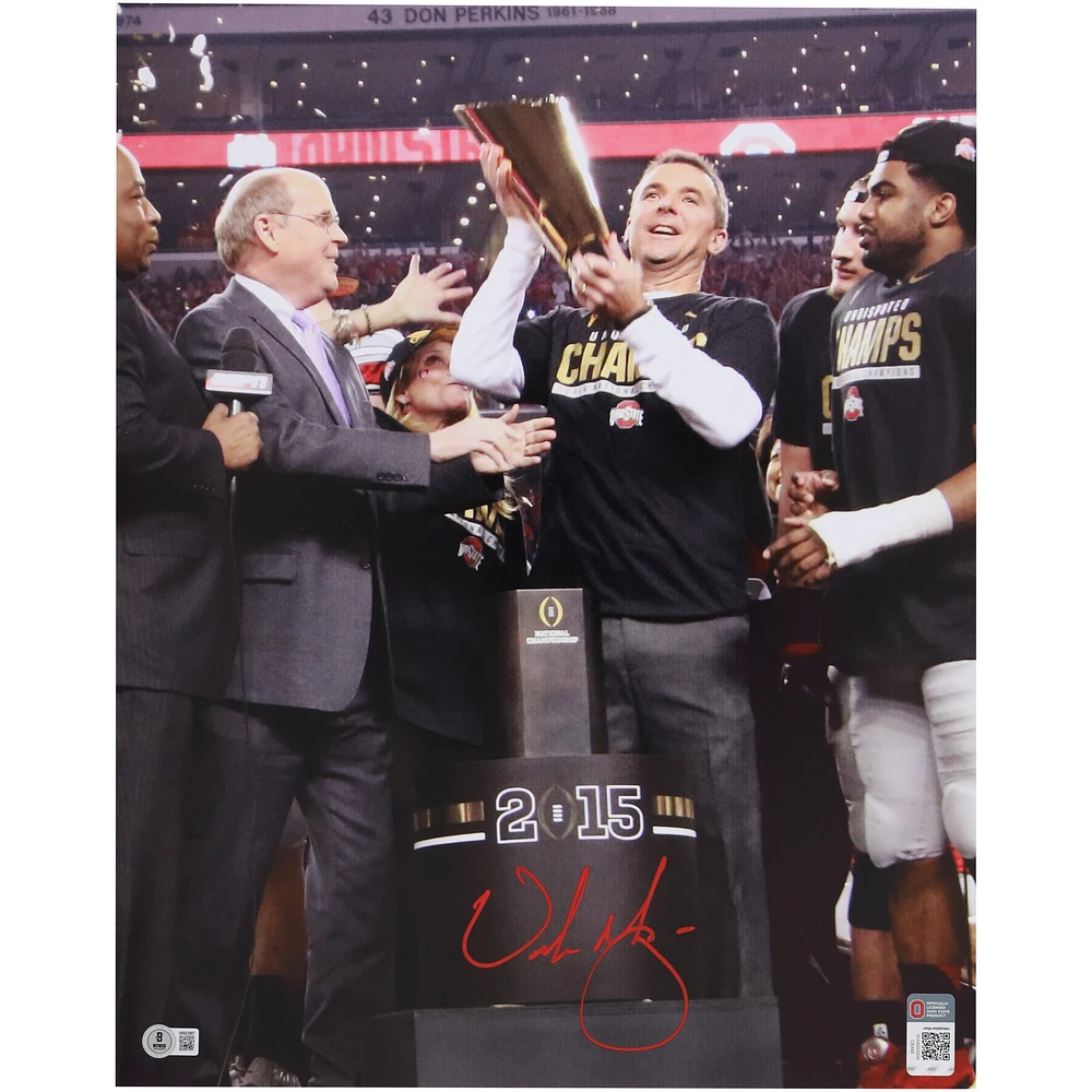 Urban Meyer Ohio State Buckeyes Autographed 16" x 20" Trophy Celebration Photograph - BAS