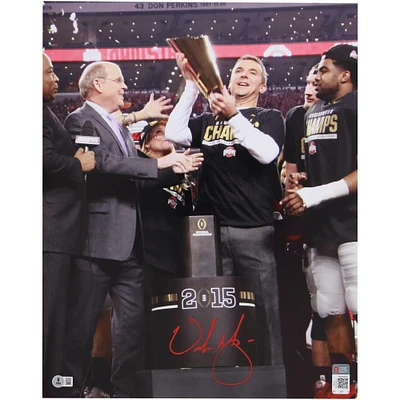 Urban Meyer Ohio State Buckeyes Autographed 16" x 20" Trophy Celebration Photograph - BAS