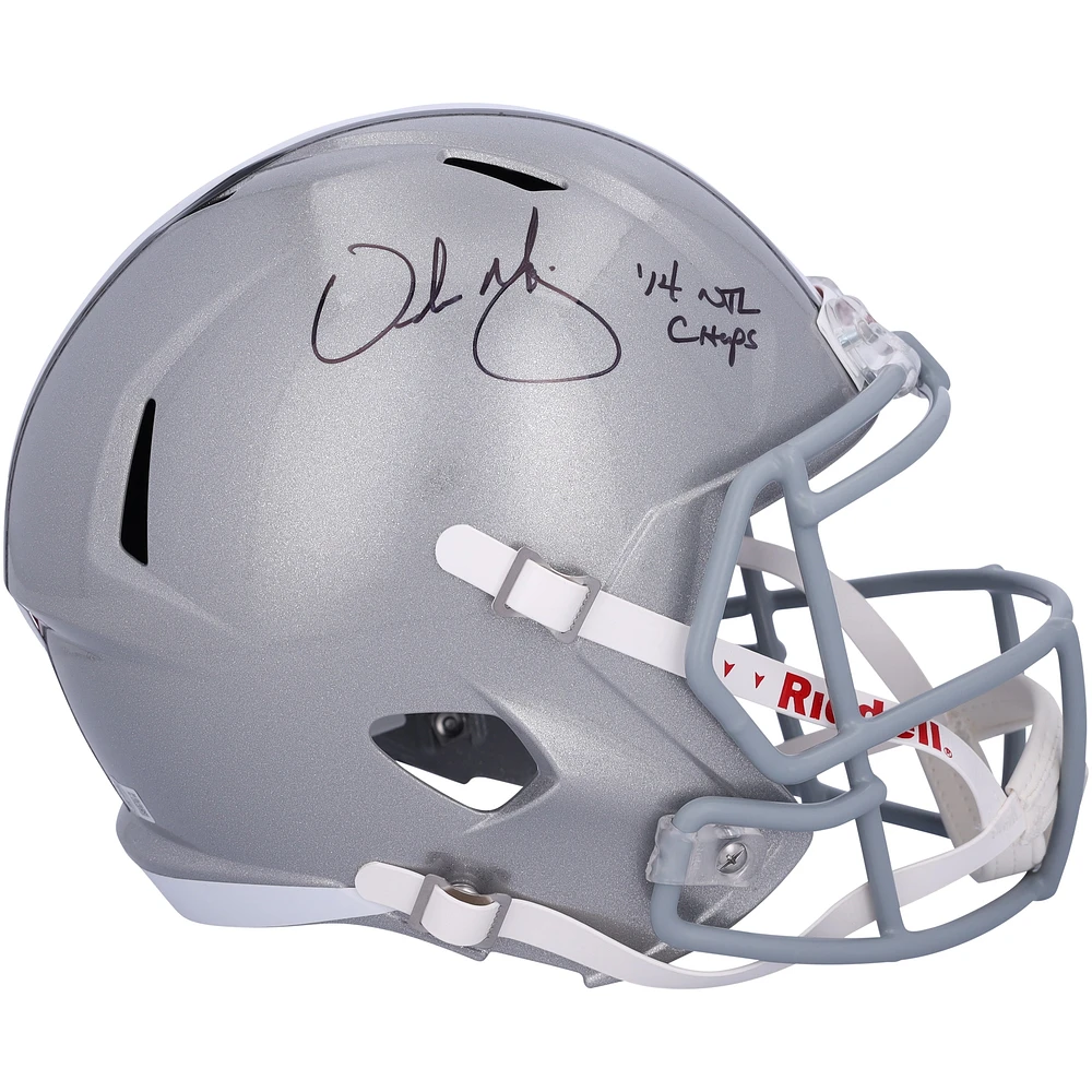 Urban Meyer Ohio State Buckeyes Autographed Riddell Speed Replica Helmet with “14 NTL CHAMPS” inscription - BAS