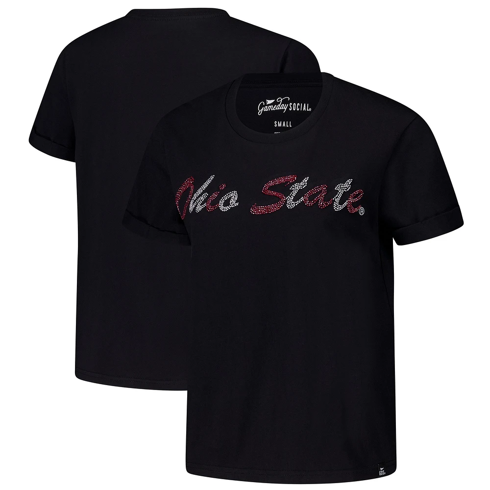 T-shirt noir pour femme avec inscription en perles cousues à la main Ohio State Buckeyes