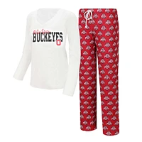 Ensemble de nuit pour femme Concepts Sport Blanc/écarlate Ohio State Buckeyes T-shirt à col en V et pantalon jauge