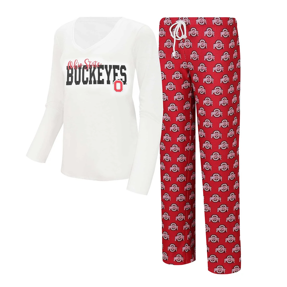 Ensemble de nuit pour femme Concepts Sport Blanc/écarlate Ohio State Buckeyes T-shirt à col en V et pantalon jauge