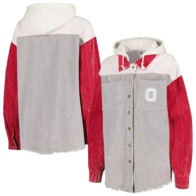 V105234 OSU Womens Gdr Vintage Wash Cordon Hooded Button Up Shacket JACLAD