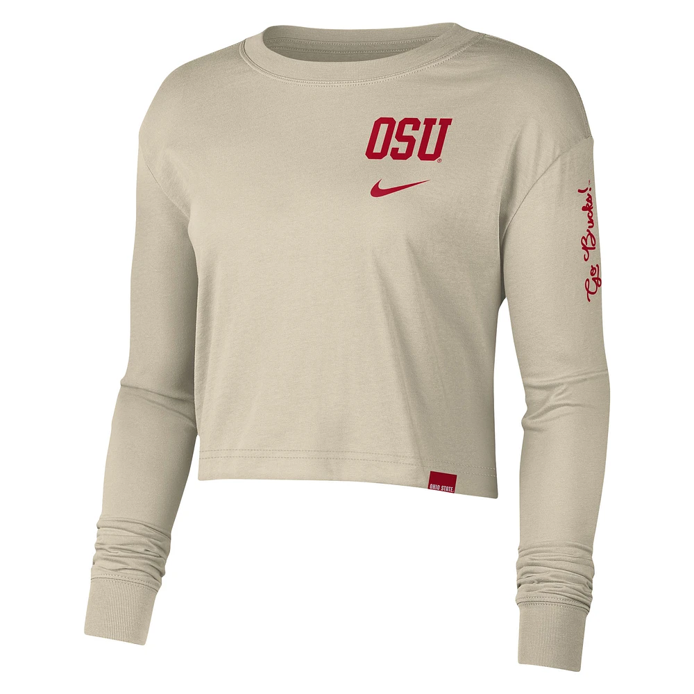 Women's Nike Cream Ohio State Buckeyes Varsity Letter Long Sleeve Crop Top