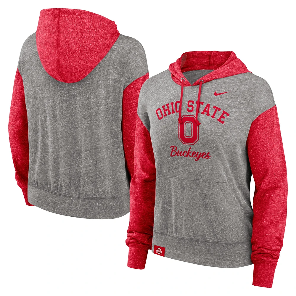 Women's Nike Heather Gray/Scarlet Ohio State Buckeyes Blitz Color Block Legacy Pullover Hoodie