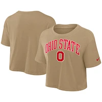 Women's Nike Tan Ohio State Buckeyes Power Pursuit Athletic Prep Arch Performance Cropped T-Shirt