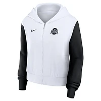 Sweat à capuche Nike blanc Ohio State Buckeyes pour femme, coupe courte, fermeture éclair intégrale, motif color-block et inscription Beyond Capability