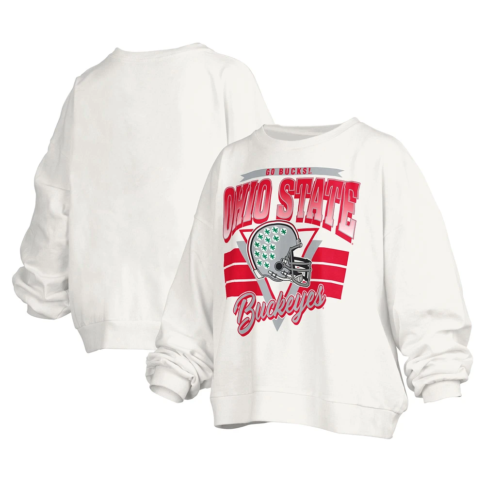 Women's Pressbox White Ohio State Buckeyes Janice Retro Logo Oversized Pullover Sweatshirt