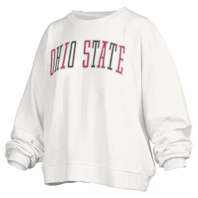 Women's Pressbox White Ohio State Buckeyes Janise Sequin Waist Length Oversized Pullover Sweatshirt