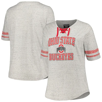 Women's Profile Heather Gray Ohio State Buckeyes Plus Striped Lace-Up V-Neck T-Shirt