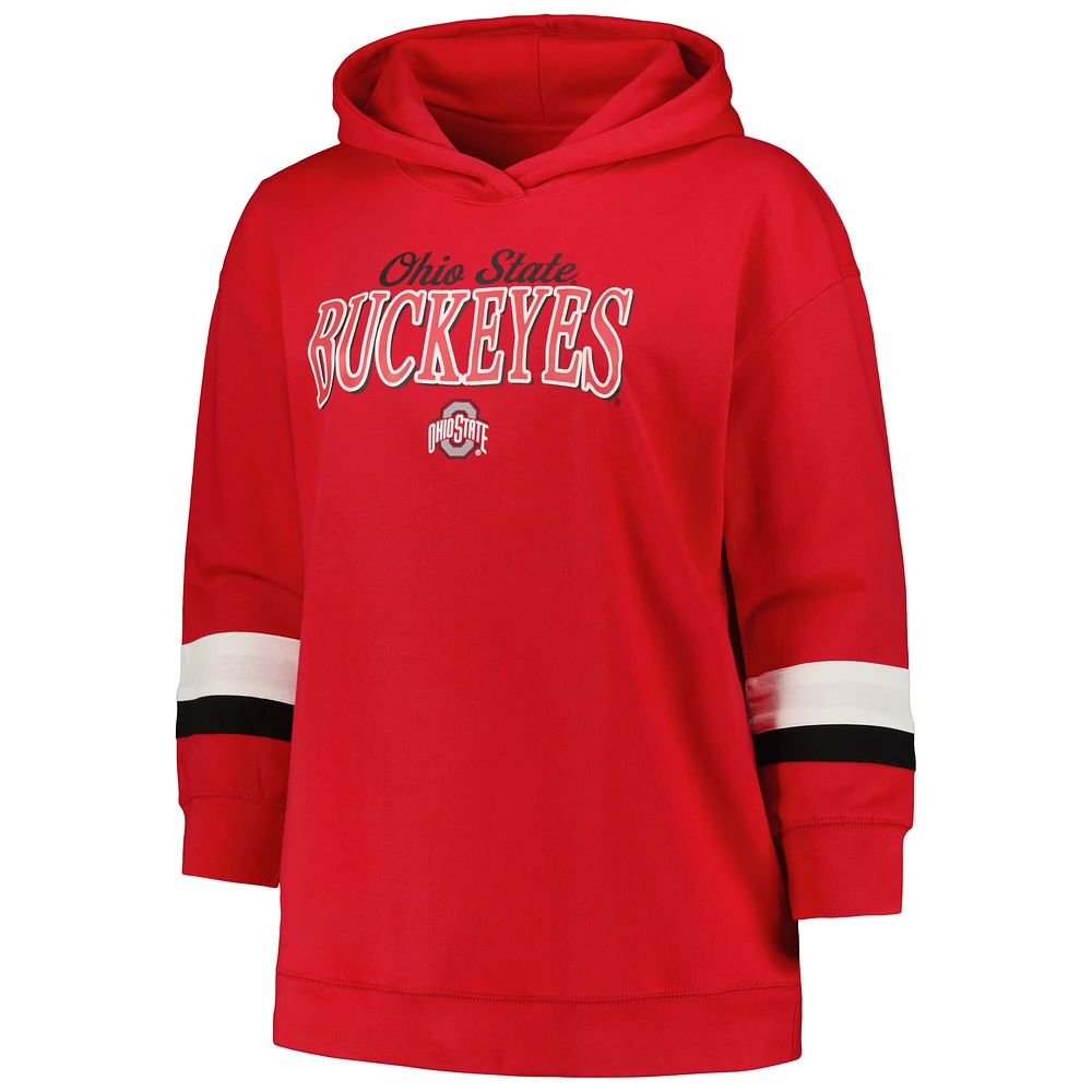 Women's Profile Scarlet Ohio State Buckeyes Plus Badge Bridge Stripe Pullover Hoodie