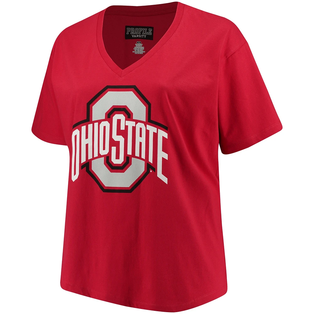 Women's Scarlet Ohio State Buckeyes Plus Primary Logo V-Neck T-Shirt