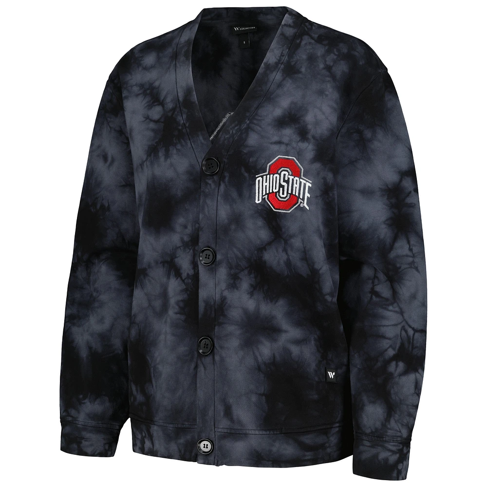 Women's The Wild Collective Black Ohio State Buckeyes Jeweled Tie-Dye Button-Up V-Neck Sweater