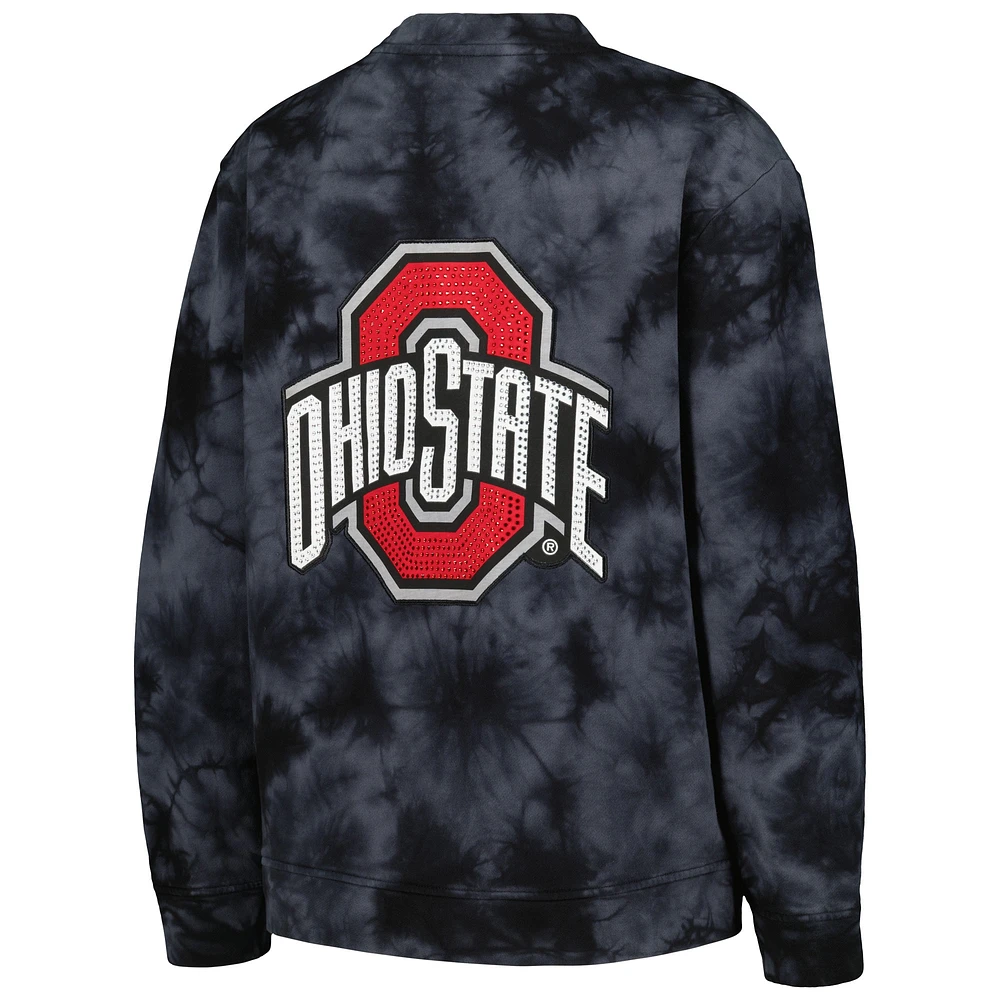 Women's The Wild Collective Black Ohio State Buckeyes Jeweled Tie-Dye Button-Up V-Neck Sweater