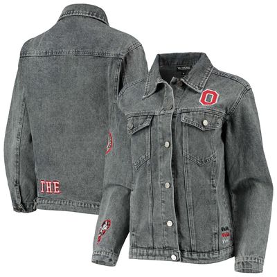 Women's The Wild Collective Gray Ohio State Buckeyes Patches Full-Button Denim Jacket