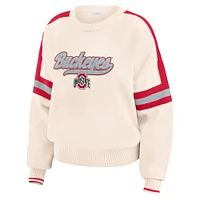 Women's WEAR by Erin Andrews  Cream Ohio State Buckeyes Chenille Woven Patch Stripe Pullover Sweater