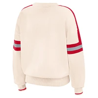 Women's WEAR by Erin Andrews  Cream Ohio State Buckeyes Chenille Woven Patch Stripe Pullover Sweater