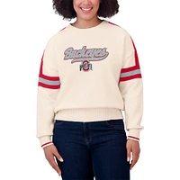 Women's WEAR by Erin Andrews  Cream Ohio State Buckeyes Chenille Woven Patch Stripe Pullover Sweater