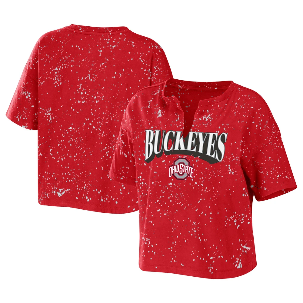 Women's WEAR by Erin Andrews Scarlet Ohio State Buckeyes Bleach Wash Splatter Cropped Notch Neck T-Shirt