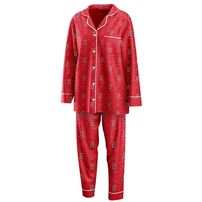 Ohio State Buckeyes WEAR by Erin Andrews Women's Long Sleeve Button-Up Shirt & Pants Sleep Set - Scarlet