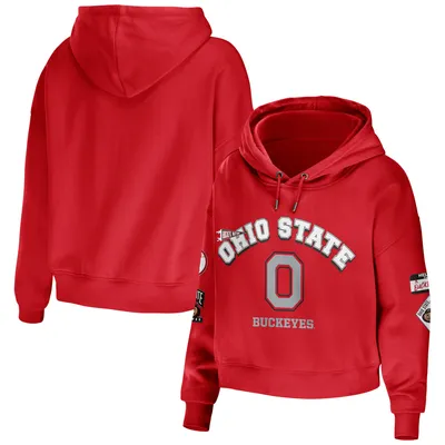 Ohio State Buckeyes WEAR by Erin Andrews Women's Mixed Media Cropped Pullover Hoodie - Scarlet