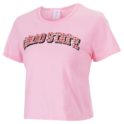 Women's ZooZatz Pink Ohio State Buckeyes Gingham Logo Cropped T-Shirt