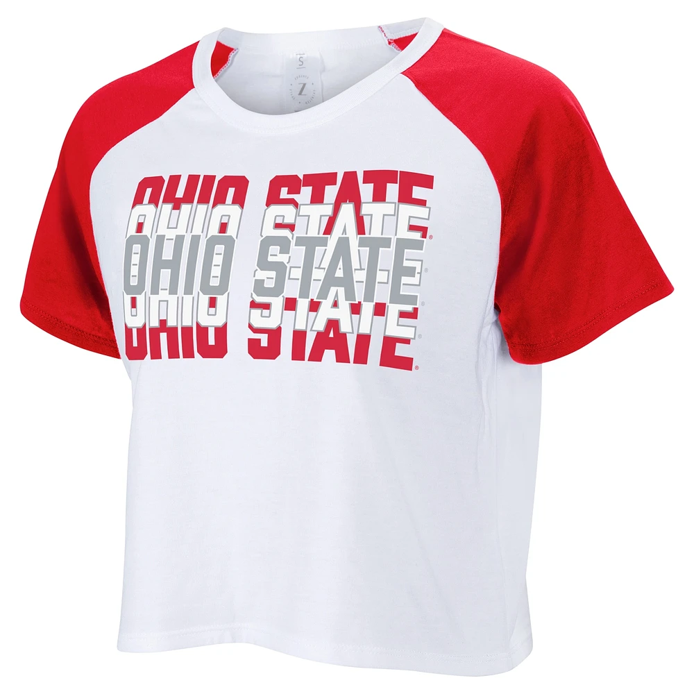 Women's ZooZatz White Ohio State Buckeyes Colorblock Repeat Raglan Cropped T-Shirt