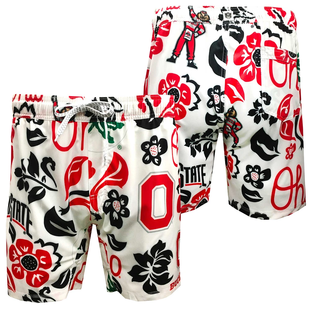 Youth Wes & Willy White Ohio State Buckeyes Allover Print Vault Tech Swim Trunks