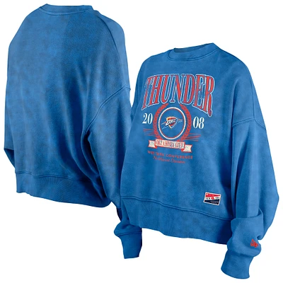 Women's New Era  Blue Oklahoma City Thunder Throwback Vintage Enzyme Wash Oversized Boxy Pullover Sweatshirt