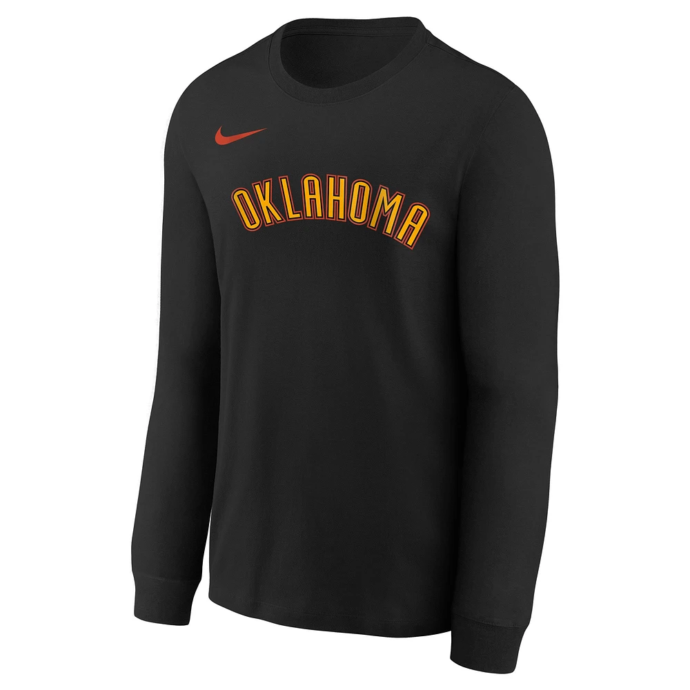 T-shirt Nike noir à manches longues pour jeunes Oklahoma City Thunder 2024/25 Edition Wordmark Performance