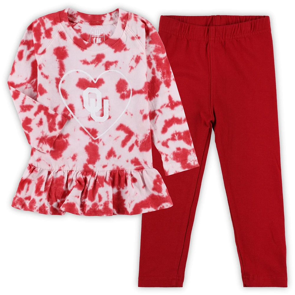 Wes & Willy Crimson Oklahoma Sooners Tie-Dye Ruffle Raglan T-shirt à manches longues et leggings pour fille