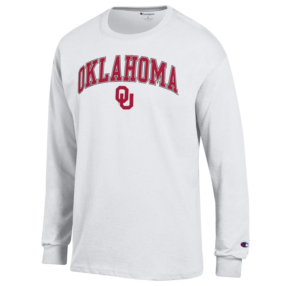 T-shirt à manches longues blanc Champion pour homme avec logo Arch Over des Oklahoma Sooners