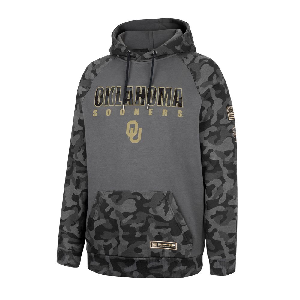 Men's Colosseum Charcoal Oklahoma Sooners OHT Military Appreciation Camo Stack Raglan Pullover Hoodie