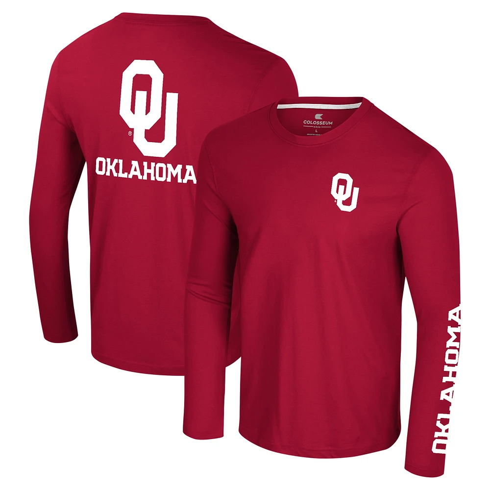 Men's Colosseum Crimson Oklahoma Sooners Logo Lockup 3-Hit Active Blend Long Sleeve T-Shirt