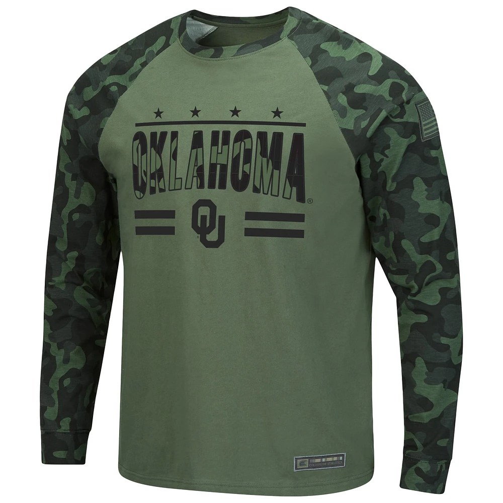 Men's Colosseum Olive/Camo Oklahoma Sooners OHT Military Appreciation Slim-Fit Raglan Long Sleeve T-Shirt