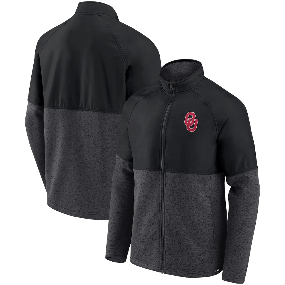 Veste durable raglan entièrement zippée pour hommes Fanatics noir/anthracite chiné Oklahoma Sooners