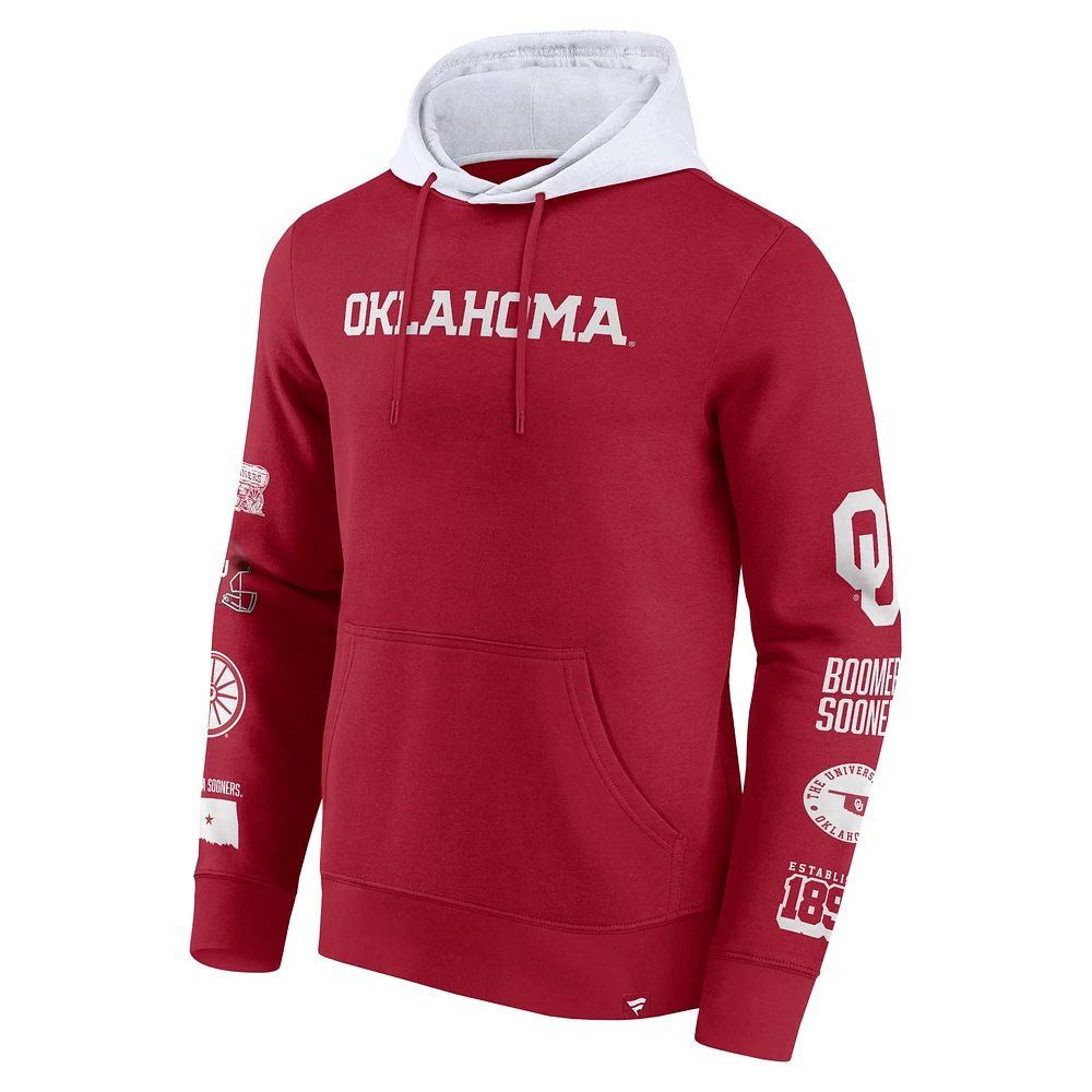 Men's Fanatics  Crimson/White Oklahoma Sooners Color Block Badge Fleece Pullover Hoodie