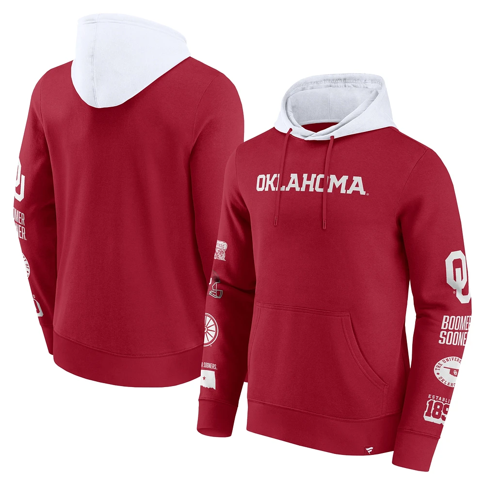 Men's Fanatics  Crimson/White Oklahoma Sooners Color Block Badge Fleece Pullover Hoodie