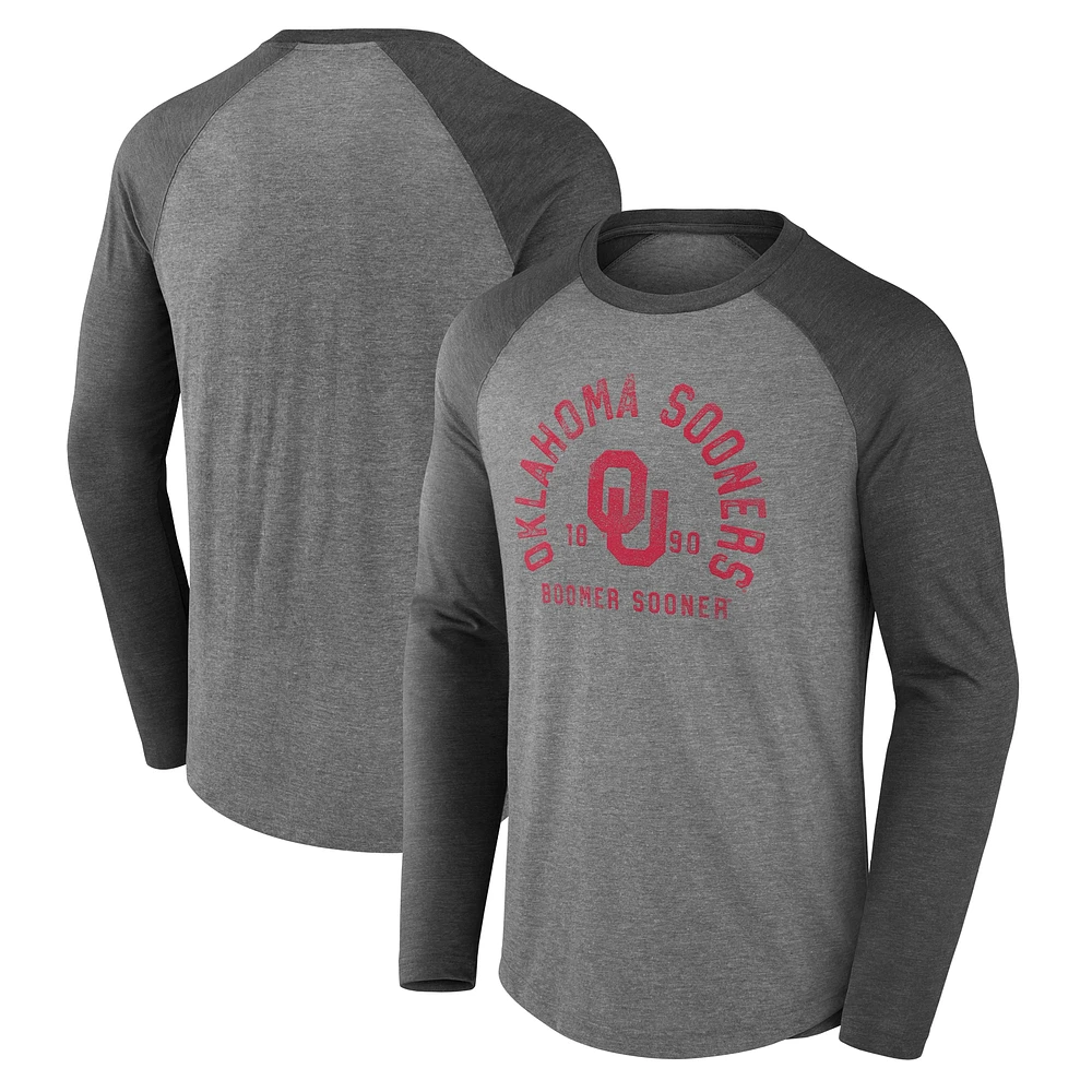 T-shirt à manches longues raglan tri-blend Ball Drop gris pour hommes Fanatics Oklahoma Sooners