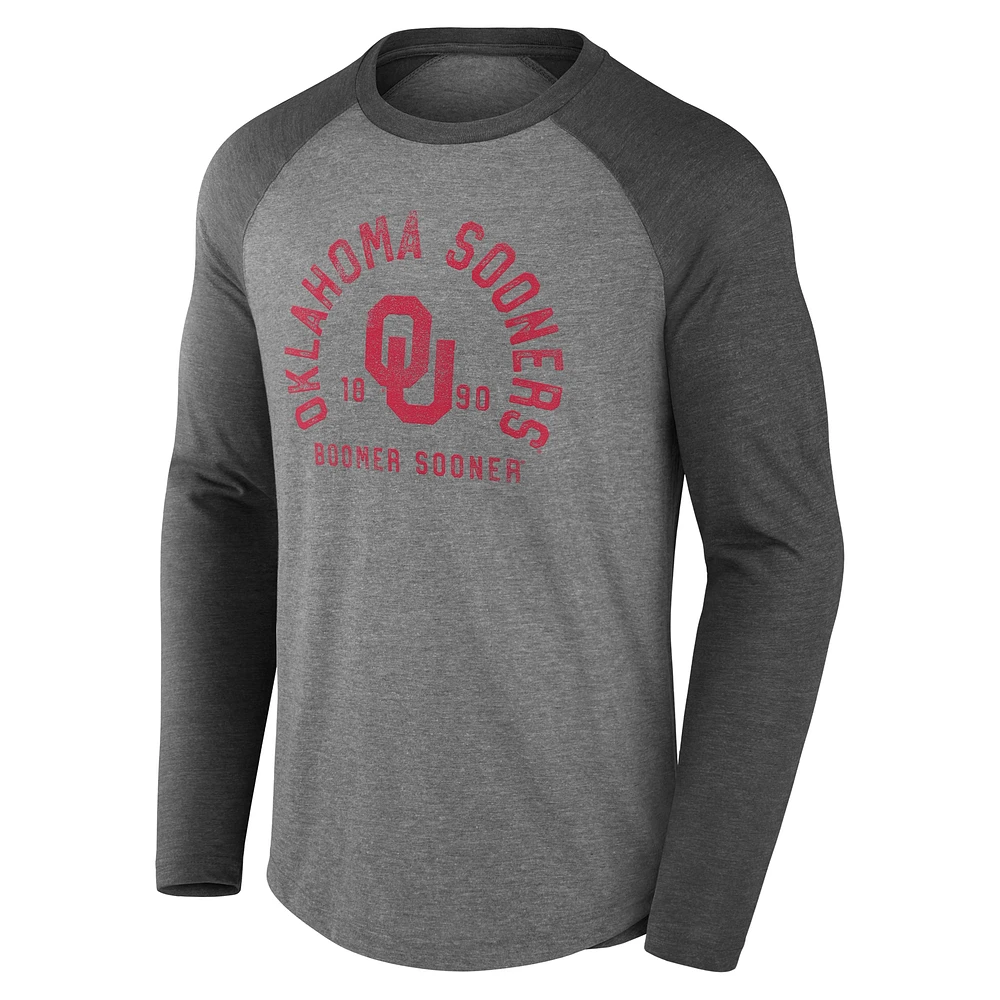 T-shirt à manches longues raglan tri-blend Ball Drop gris pour hommes Fanatics Oklahoma Sooners